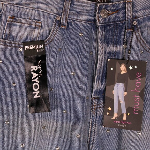 NWT Simple Society Y2K Crystal Destroyed‎ High Rise Straight Jeans 5/27 Festival - Picture 2 of 14